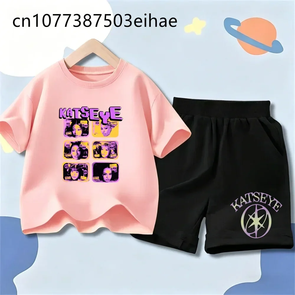 Kids Hip Hop Streetwear Katseye Funny Print Boys Girls Short Sleeve Shorts Set Casual Sportswear Trendy Youth Fashion Clothing