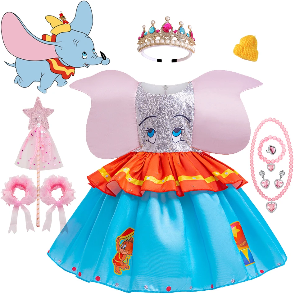 Halloween Disney Dumbo Cosplay Dress Baby Girl Fantasy Disguise Outfits Little Kids Cartoon Role Playing Costume Carnival Gown