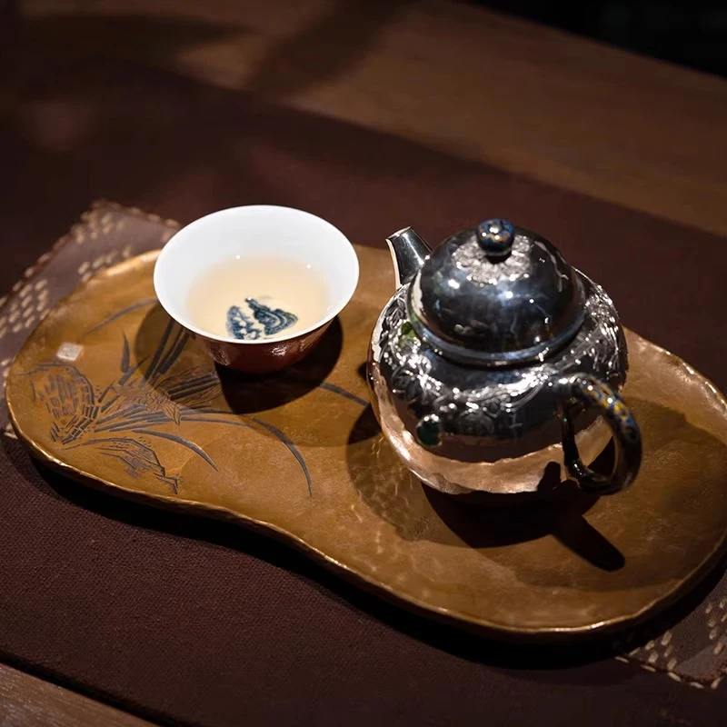 Decorative Serving Tea Tray Table Coasters Pot Accessories Gold Plate Metal Tea Tray Round Chinese Bandejas Home Decorationgs