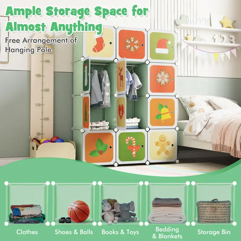 

12 Cube Wardrobe Closet with Hanging Section and Doors-Green