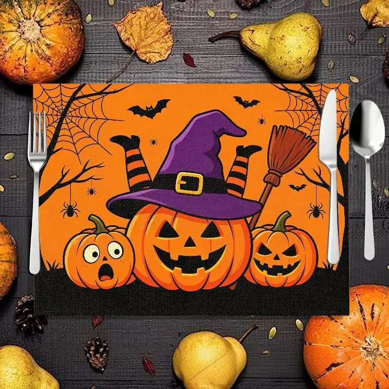 VIKAMA 2/4/6pcs Halloween Placemats, Cute Ghost Pumpkin Witch Hat Bat Black Cat Spider Web Table Mat, Spooky Table Decoration