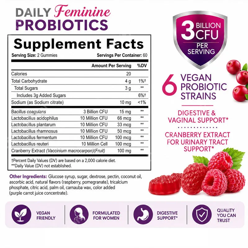 Probiotics for Women Gummies with Cranberry 6 Strains 3 Billion CFU for Digestive Health Vaginal Immune Support Feminine Health