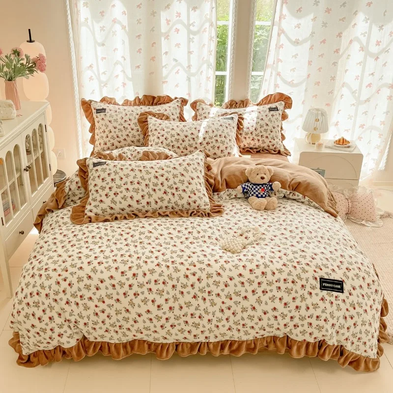 Comfortable high-gram milk fleece warm four-piece set, winter thickened warm and skin-friendly bedding four-piece set