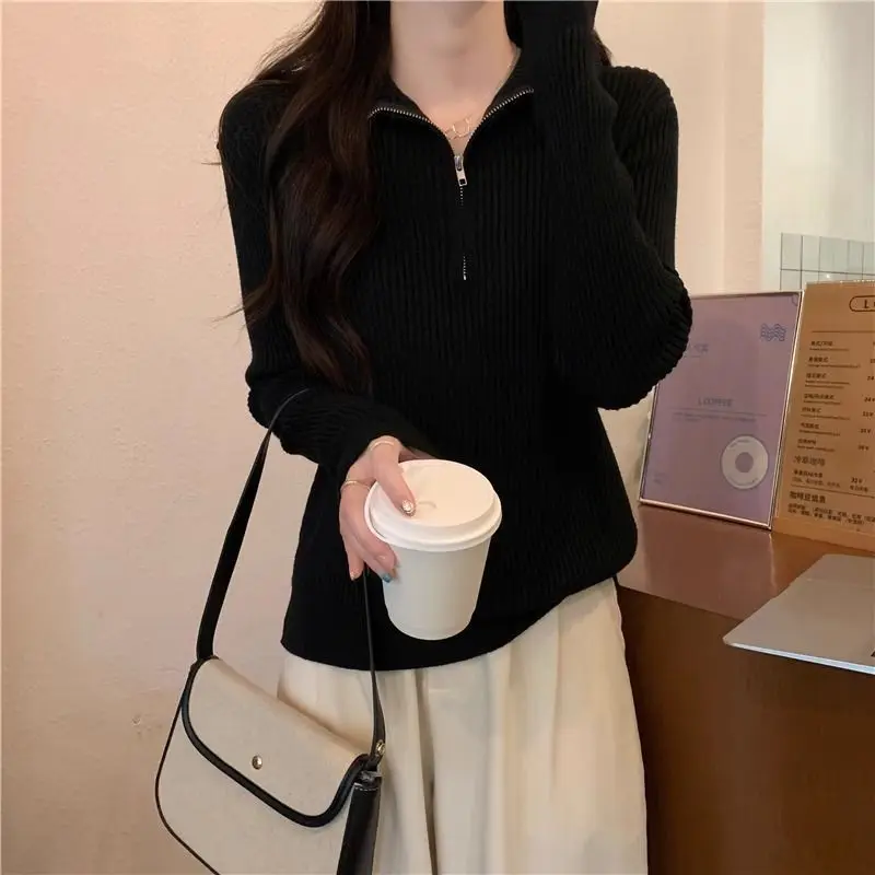 French Style Fashion Casual Long Sleeved Turn-down Collar Knitted Sweater Autumn New Elegant High Quality Solid Color Lady's Top