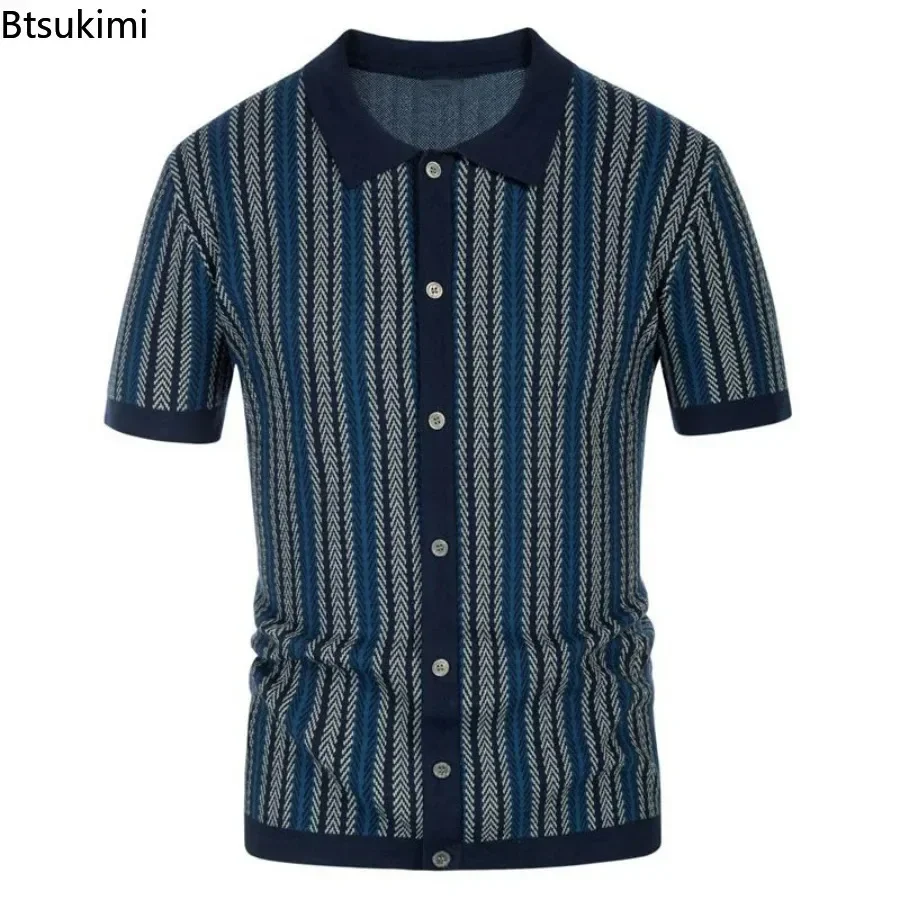 2025 Men's Summer Casual Stripe Shirts Knitted Vintage British Breathable Patchwork Short Sleeve Jacquard Business Polo Shirt