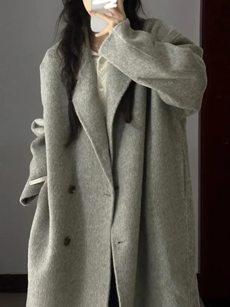 

2025 Winter Long Woollen Coats Women Office Lady Loose Thick Warm Causal Jacket Female Y2k Outerwear Korean Fashion Trench Coats