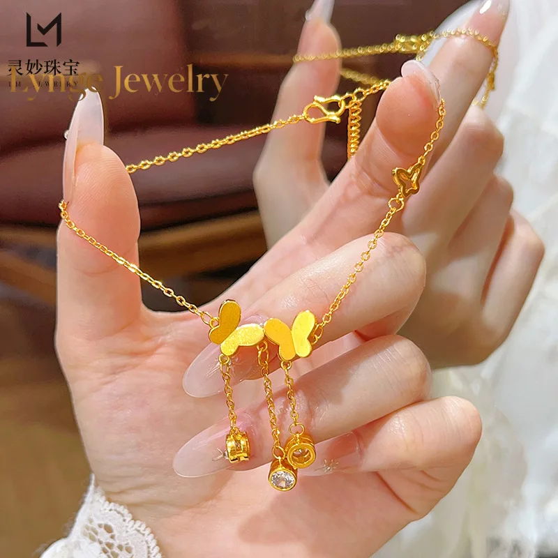 Lynge Jewelry The same 24K real gold dot diamond double butterfly tassel anklet hollowed-out blessing butterfly 9999 leg rings s