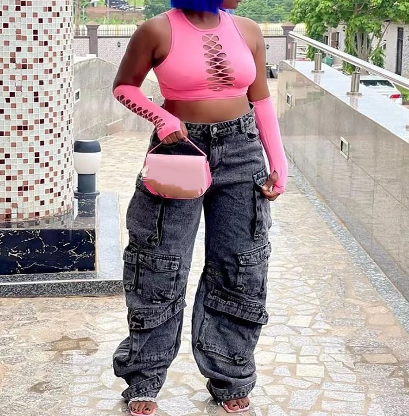 Women's Workwear Style Trousers 2025 Autumn Winter Latest Denim Trend Multi Pocket Plus Size Jeans Work High Waist Long Pants