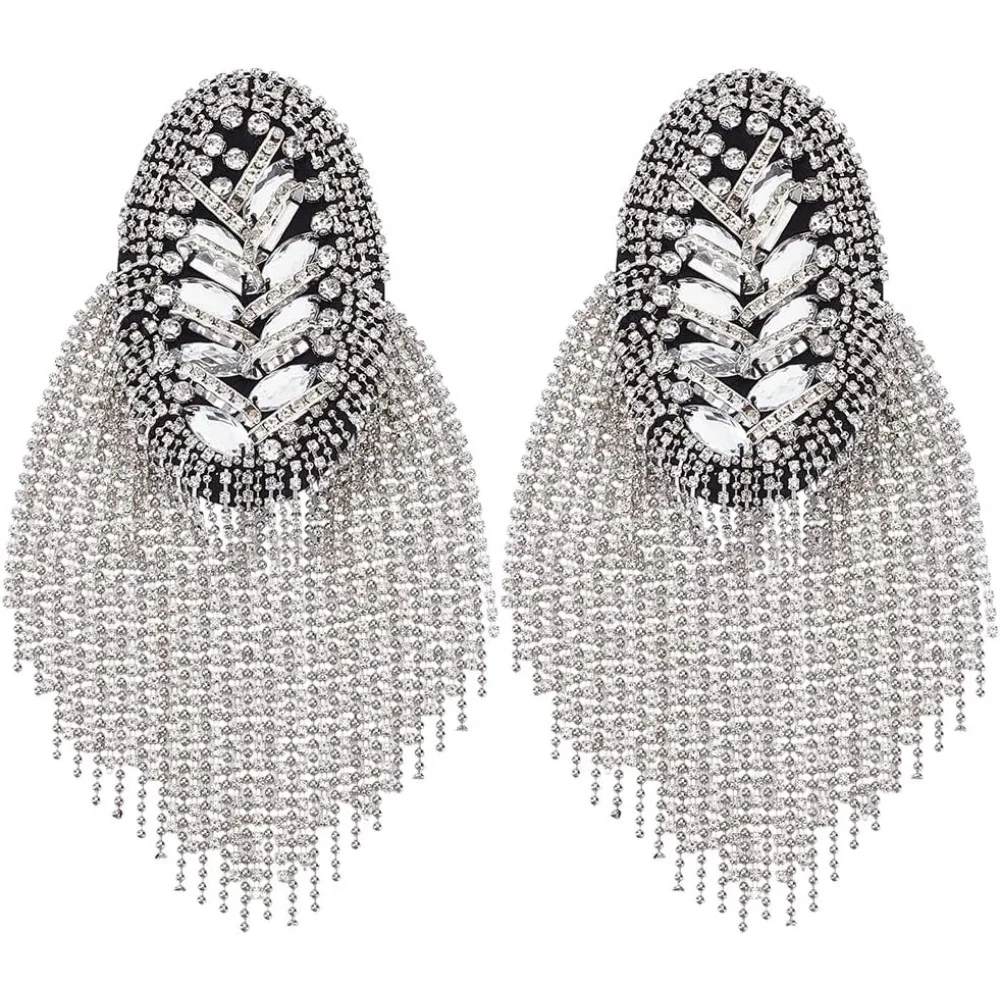 

2Pcs Rhinestone Shoulder Epaulet Shoulder Badages 186×68×13mm with Metal Tassel Fringe Chains for Men Women