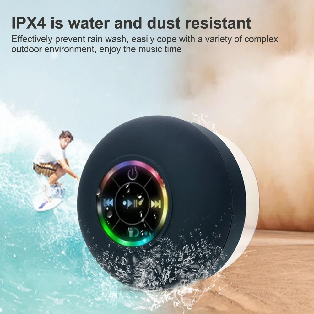 Portable Waterproof Shower Bluetooth Speaker 3D Surround Sound With Suction Cup Led Light Support Hands-free Calling