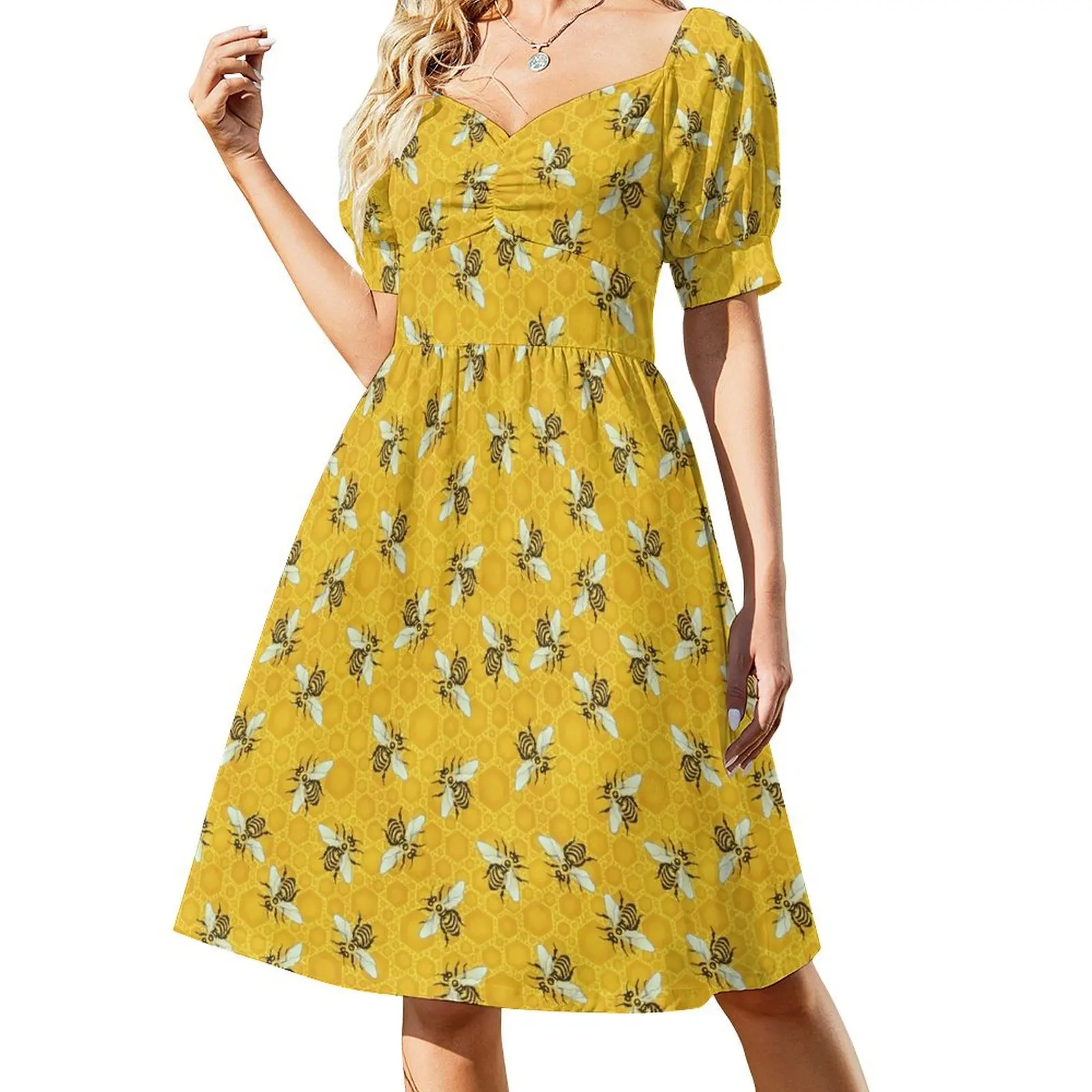 Honeybees Honeycomb Bee Apiary Pattern Short Sleeved Dress Dresses gala Dress woman dress for women