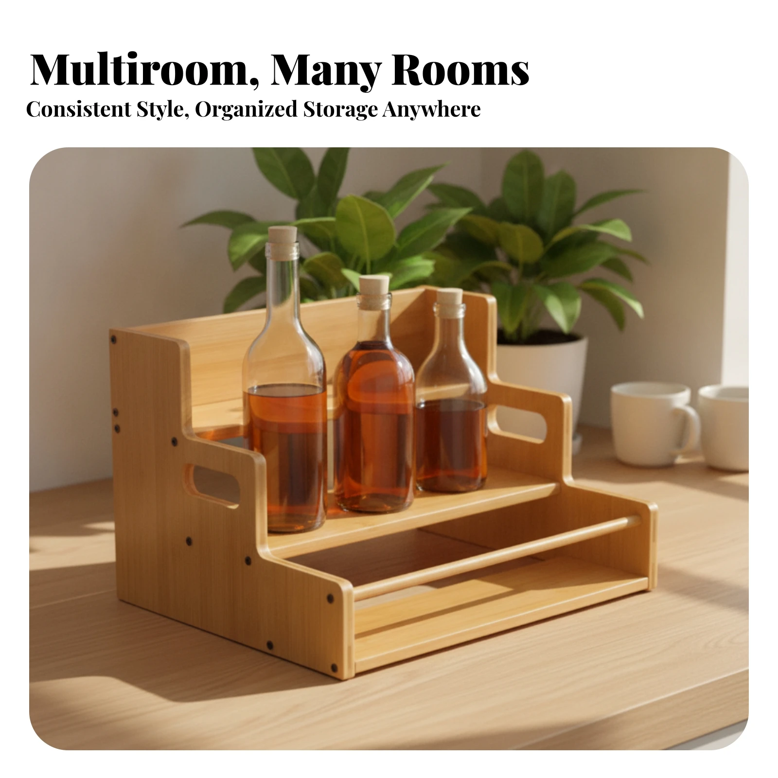 Tabletop Organizer with Handles Easy Access Three-Tier Storage Rack Wooden Storage Rack Multifunctional Furniture Sturdy