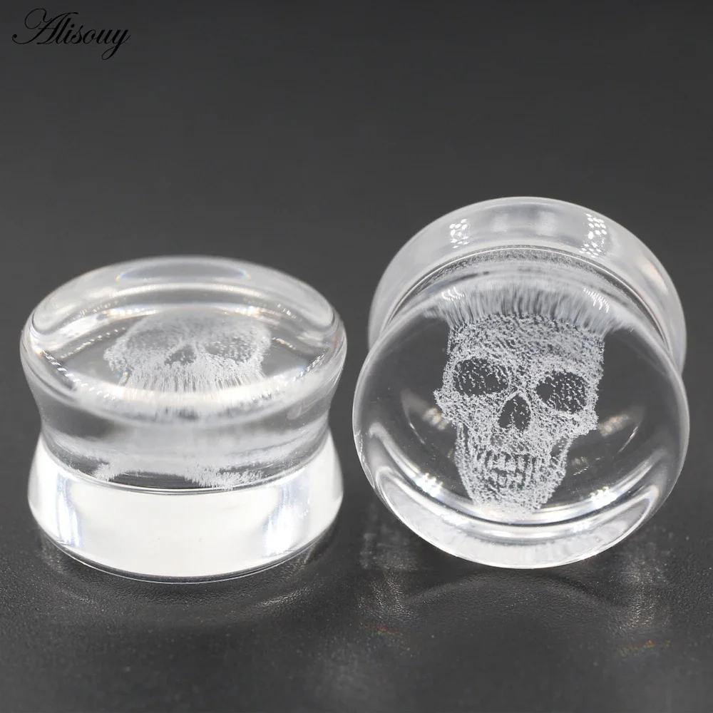Alisouy 2PC New Transparent Glass Skull Flared Ear Tunnels Plugs Flesh Stretcher Expander Gauges Earrings Piercing Body Jewelry