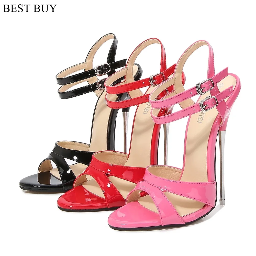 

Large-Size 16cm High Heels Ladies Sandals Woman Pumps Stiletto Heel Show Modeling Party Summer Ankle Strap Color Panel Extreme