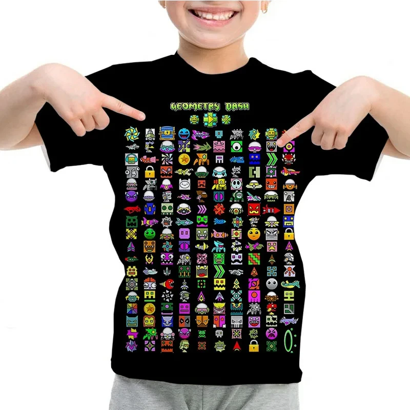 Cartoon Kids T-Shirts Geometry Dash Casual Funny Short Sleeve Tops 2-12 Year Boys Girls O-Neck Tee Summer Children\'s T-shirts