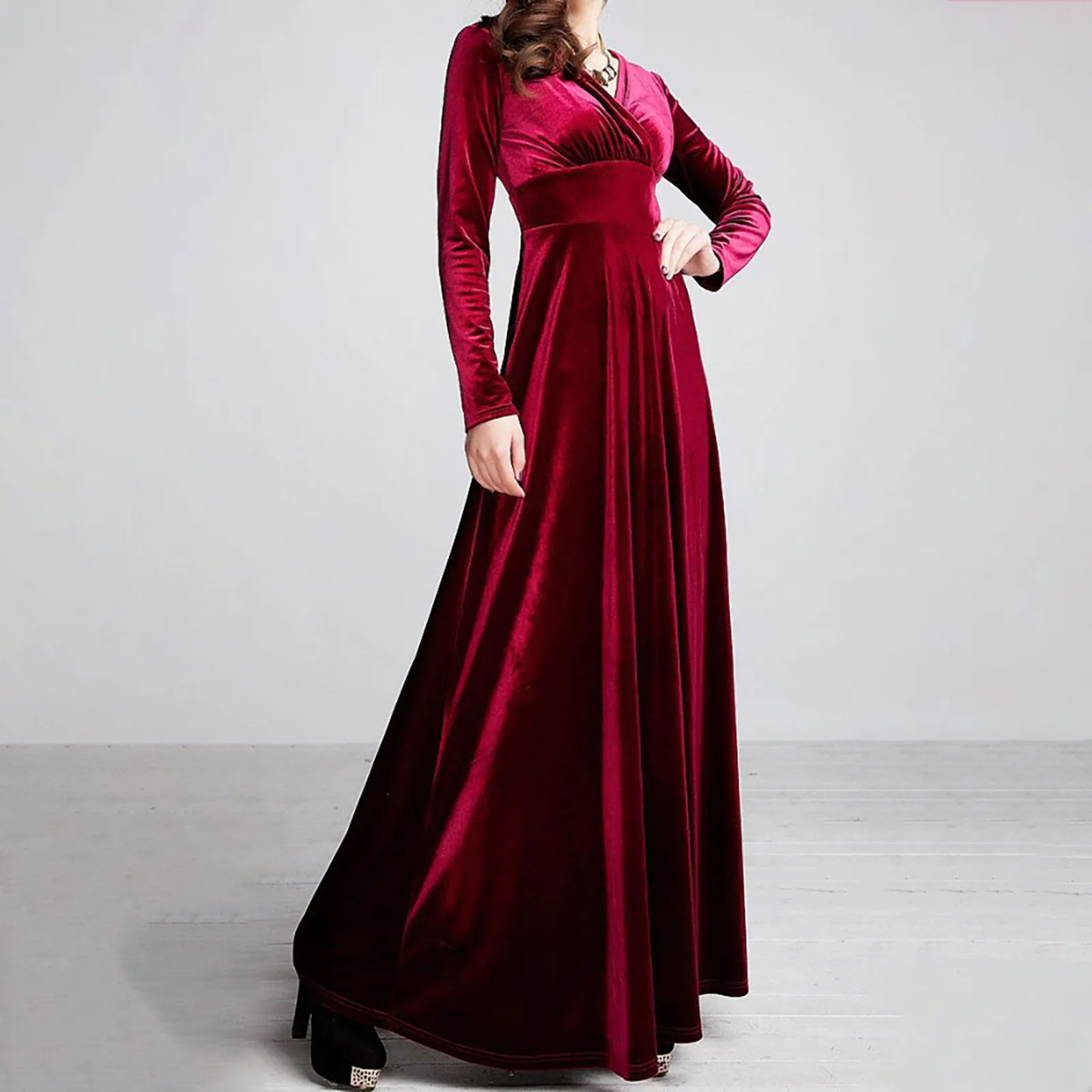 Women'S dress Autumn And Winter Velvet V-Neck Solid Color Long-Sleeved Party Dress Elegant Evening Party Gown Outfits Red Velvet