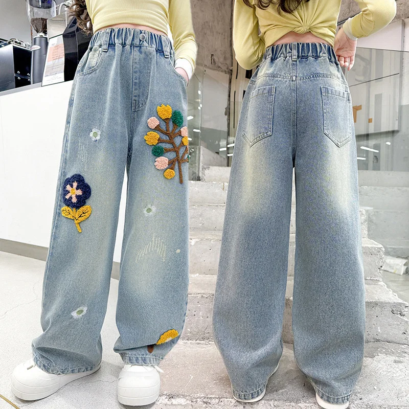 

Girls Jeans Spring Autumn Embroidery New Kids Pants Children's Spring Denim Trousers Teenager Loose-Fit Wide-Leg Trousers 4-12Y