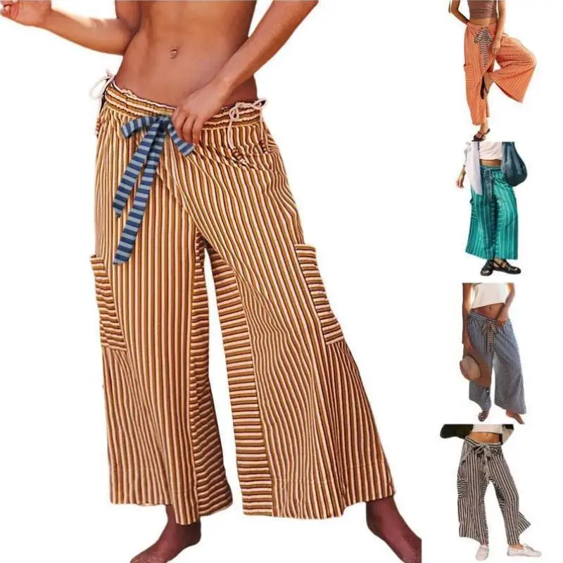 

Women's Dstring Striped Loose Wide Leg Casual Pants High Waist Straight Leg Neutral G Other Material00%