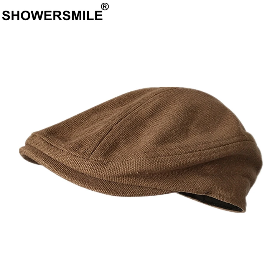 SHOWERSMILE Spring Summer Canvas Flat Cap for Men Beret Hat 100% Cotton Beige Ivy Cap Male Solid Vintage British Brand Hats