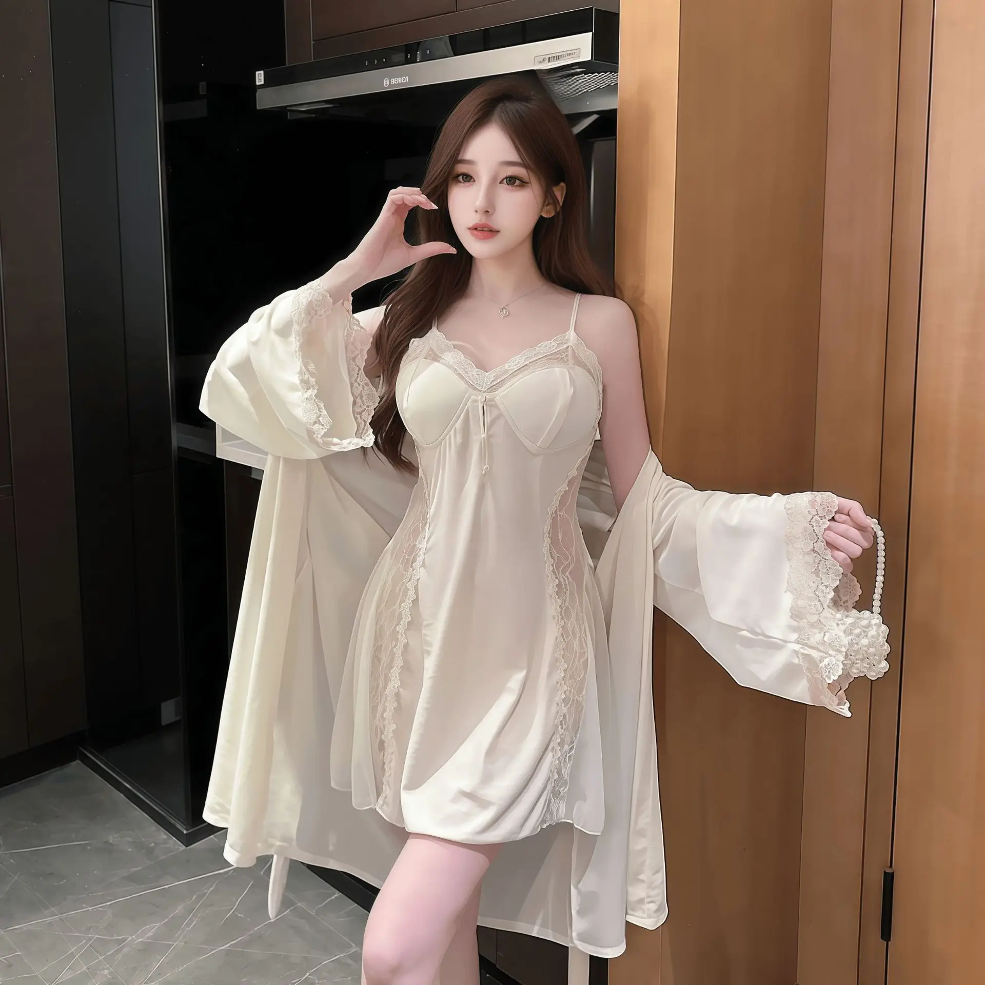Summer Women's Black Gothic Nightdress Sexy Lace Mini Lingerie Nightwear Bath Robe Gown Set V-neck Nightgown Home Dress Clothing