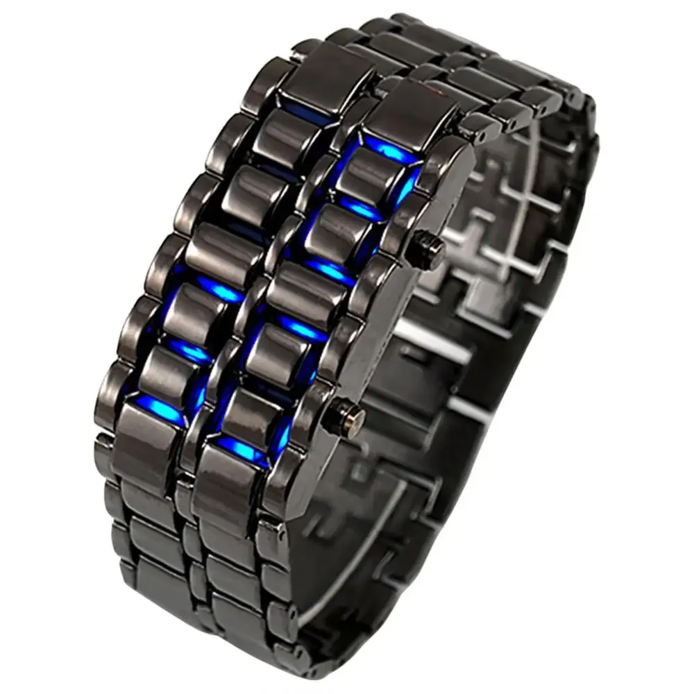 Men's Digital Lava Watch Black Full Metal Red Blue LED Display Wristwatch Sport Creative Gift for Male Boys