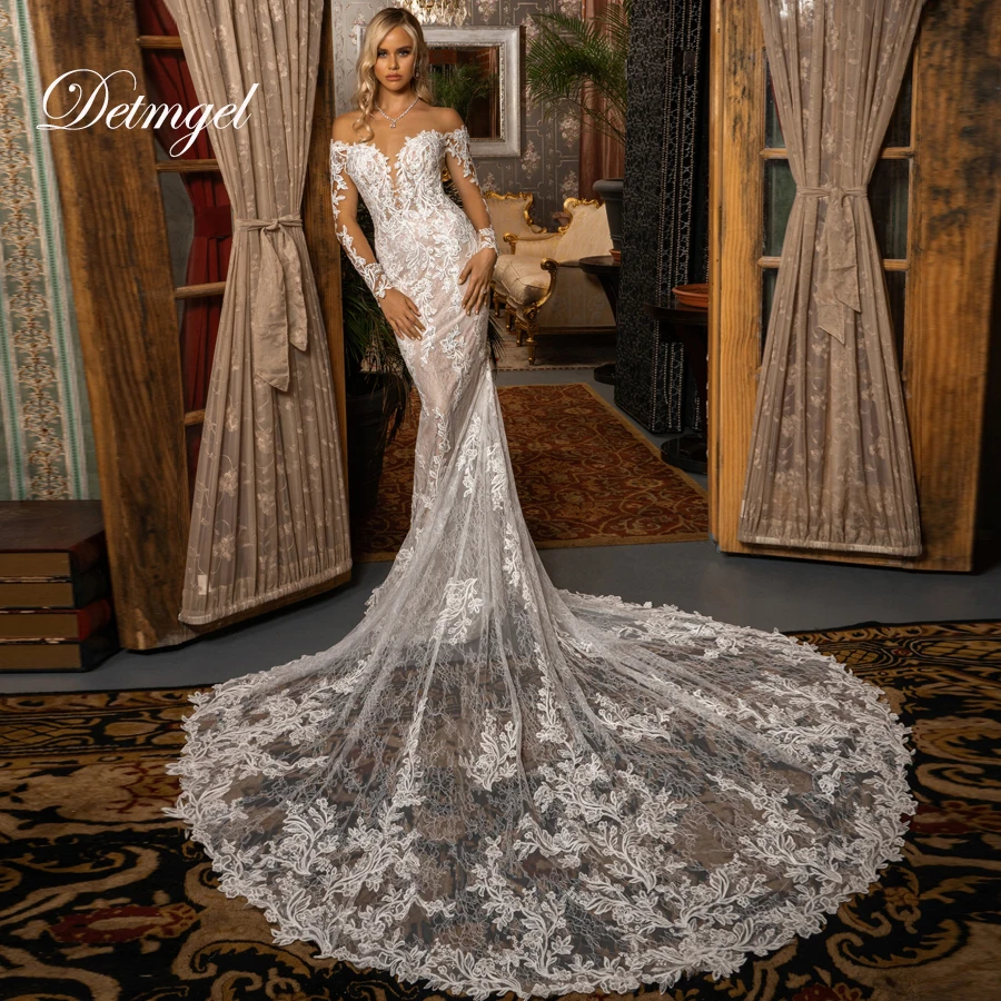 

Detmgel New Exquisite Scoop Neck Mermaid Wedding Dresses Backless Lace Button Appliques Court Train Bridal Dress Customized