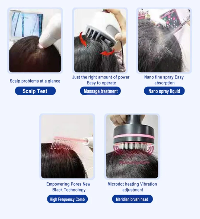 Alta frequência do crescimento do cabelo vibração massagem pente máquina, 5 em 1, detector do couro cabeludo, reparar o tratamento do cabelo danificado