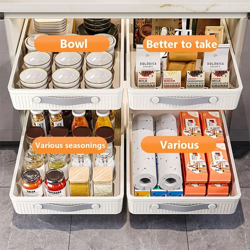 

Kitchen Drawer Storage Rack with Slide Rails Pull-out Cabinet Organizer Free Installation Non Punched Easy To Clean Storage Box