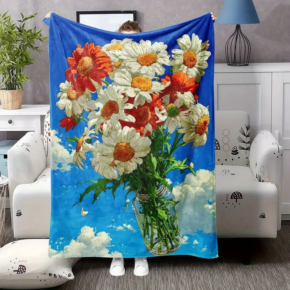 

Мягкое фланелевое одеяло с крупным цветочным принтом, бирюзово-синее, с разноцветными ромашками, всесезонное, уютное и теплое, для кровати