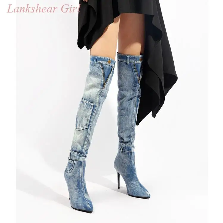 New Denim Knee Length Boots Women Fashion Slim Heels High Heels High Boots Pointed Toe Thin Heels Women's Boots Sexy