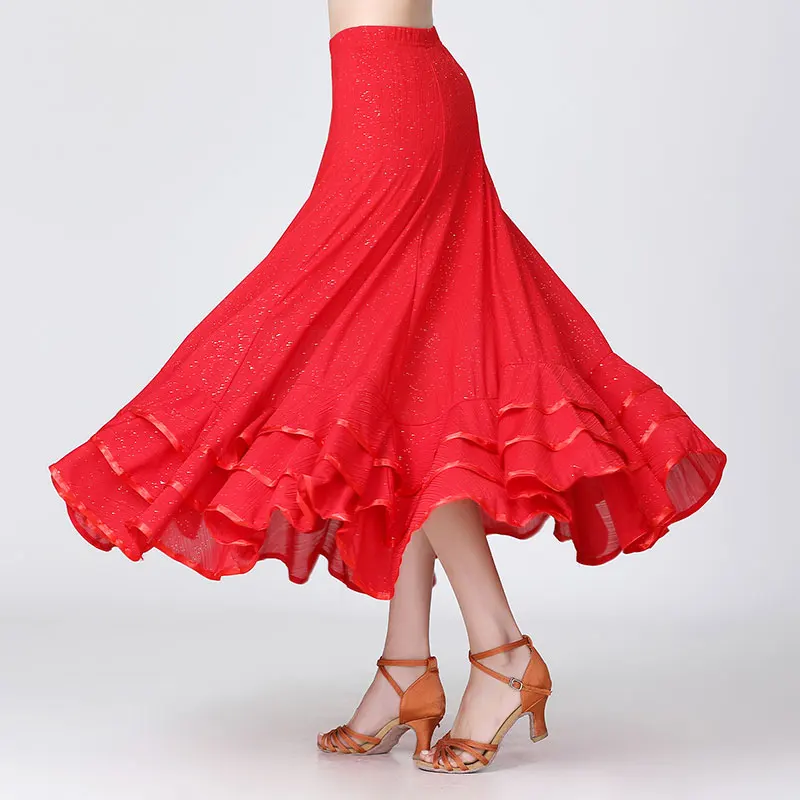 Jupe de danse moderne à paillettes pour femmes, longue à volants, Standard, grande balançoire, Costume de danse espagnol Flamenco, jupe de salle de bal, valse