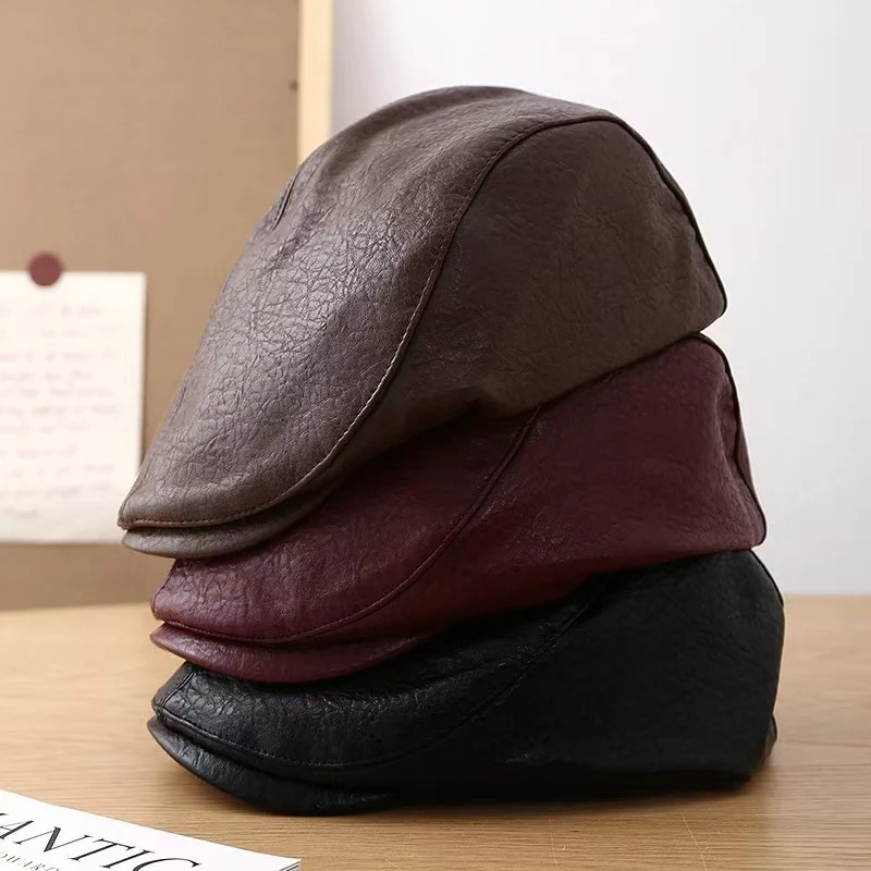

Affordable High-quality PU Leather Classic Retro Beret Hat Men Economical British Style Visor Grain Leather Fashion Newsboy Hat