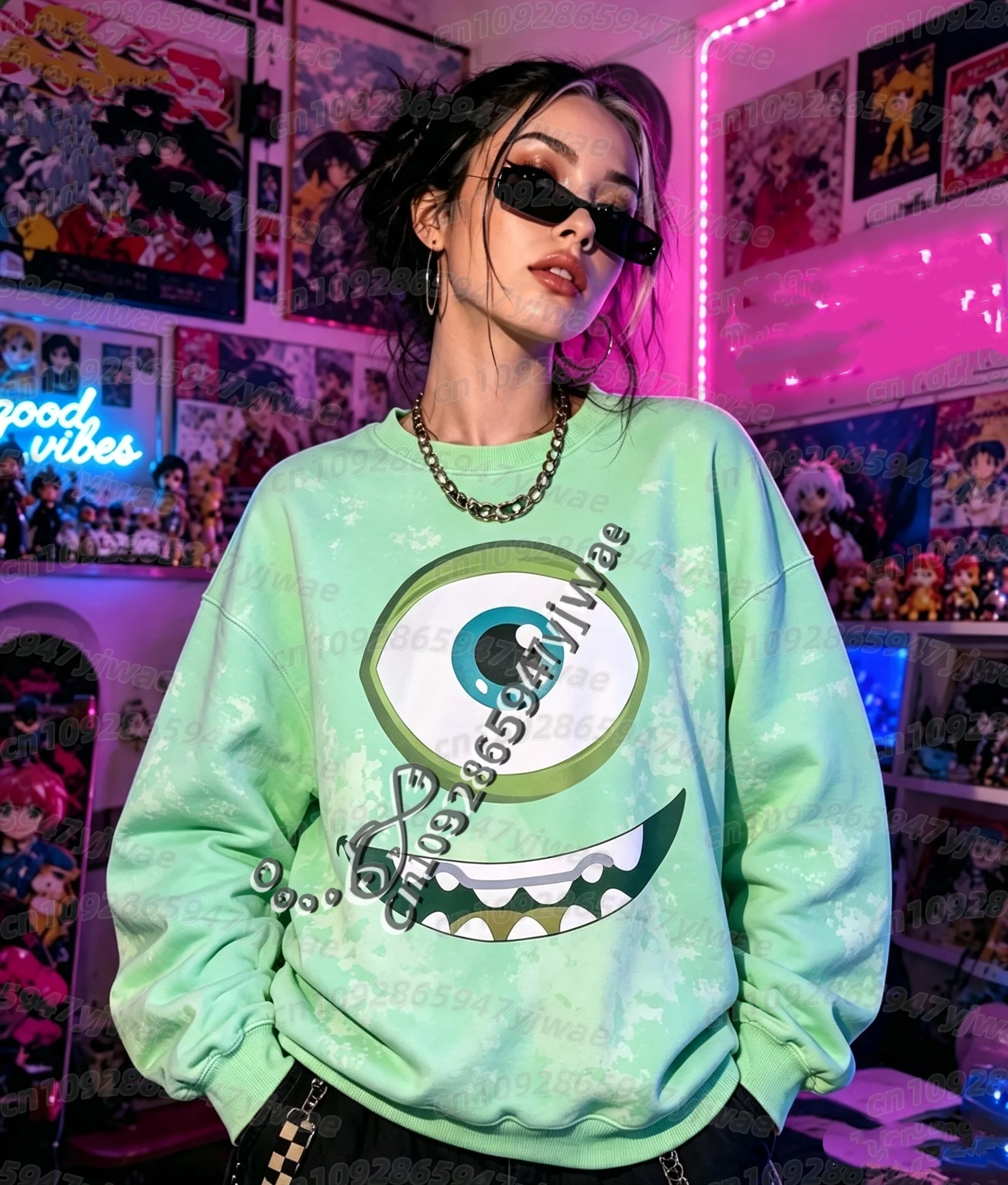26 Herbst-Winter Damen Lustiger Großaugen-Monster-Print Langarm Unisex Cartoon-Sweatshirt O-Ausschnitt Pullover Damen Hoodies – Detail 6