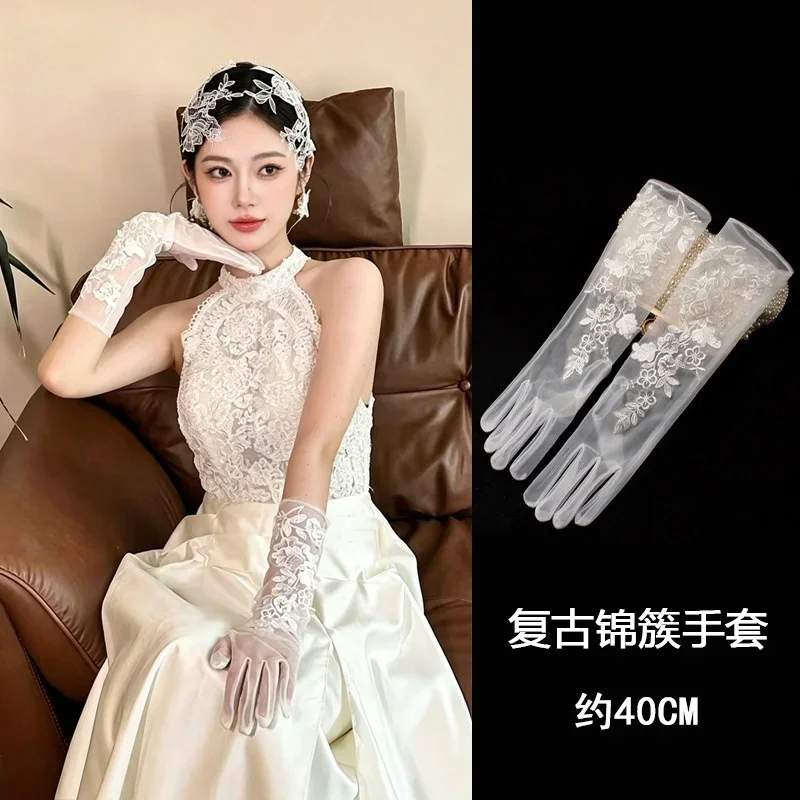 1 pair  bridal wedding gloves, long lace white mesh gloves