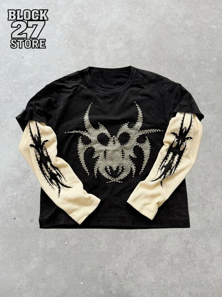 

Мужская футболка с длинным рукавом в стиле Харадзюку, американский винтажный уличный стиль Y2K, дизайн с имитацией двухслойности, свободный крой, повседневная, универсальная, унисекс, новинка