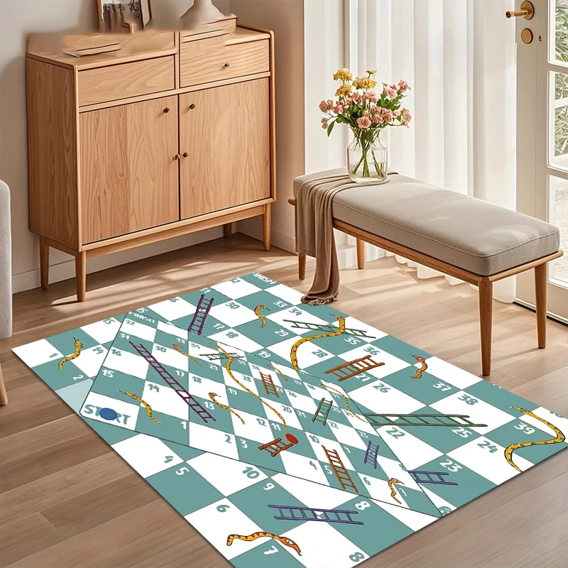 Snakes and Ladders Game Area Rug Non Slip Floor Carpet for Living Room Bedroom Nursery with Teal and White Board Pattern