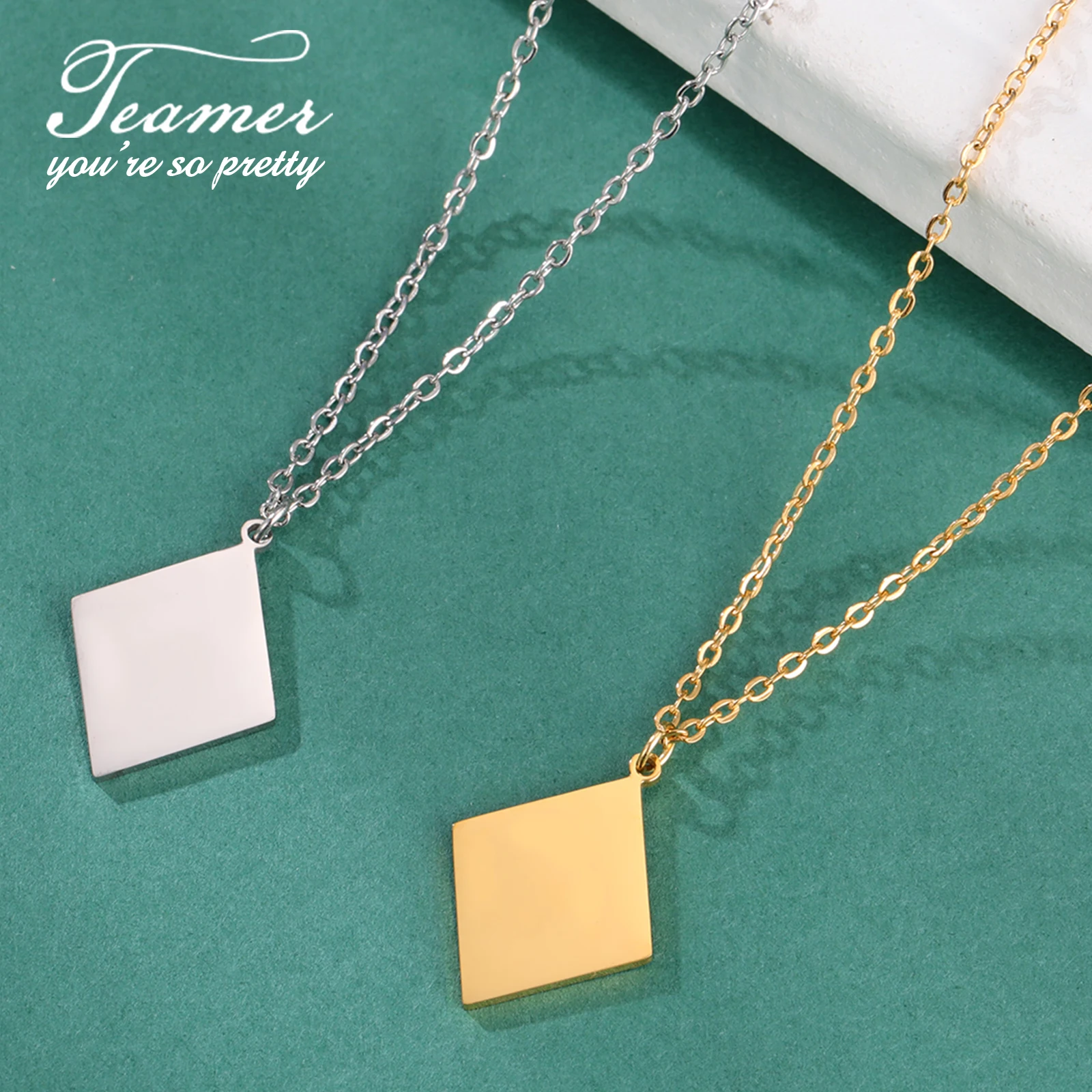 Minimalist Geometric Pendant Stainless Steel Necklace for Women Elegant Rhombus Chain Choker Jewelry Valentine's Day Gift