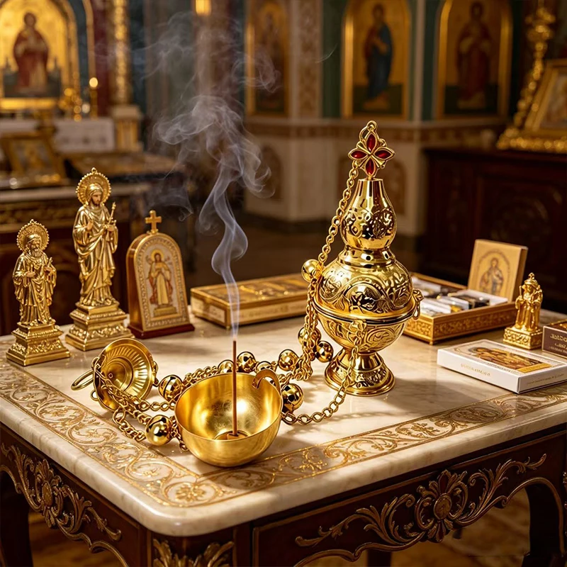 New 2026 High Quality Gold Plated Thurible Incense Burner with Chain for Orthodox Church Liturgy Blessing and Religious Use Gift
