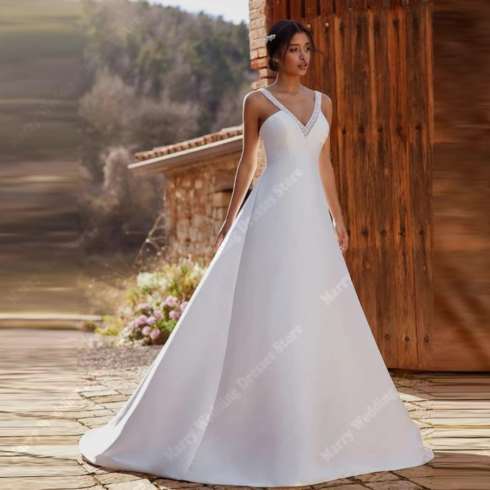 

Vintage A-Line Women's Wedding Dresses Elegant V-Neck Satin Sleeveless Bridal Gowns Princess Vestidos De Novias 2025 Customized