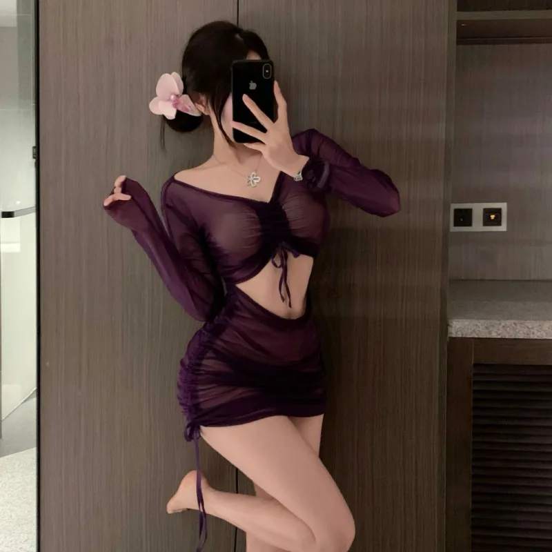 

Fashion Sexy Summer Dress Women Hollow Out Mesh See-through Slim Long-Sleeve Dress Club Y2k Streetwear Evening Dresses Black