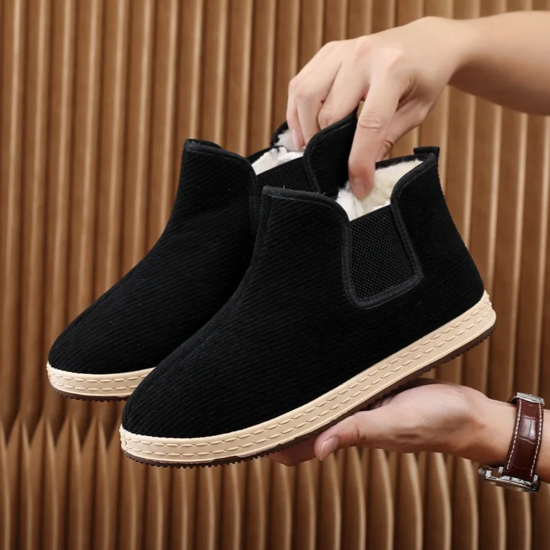 

Men Winter Thickened Woolen Lined Cotton Shoes Anti-slip Warm Old Beijing Boots Breathable Rubber Sole Casual Non-leather Shoes