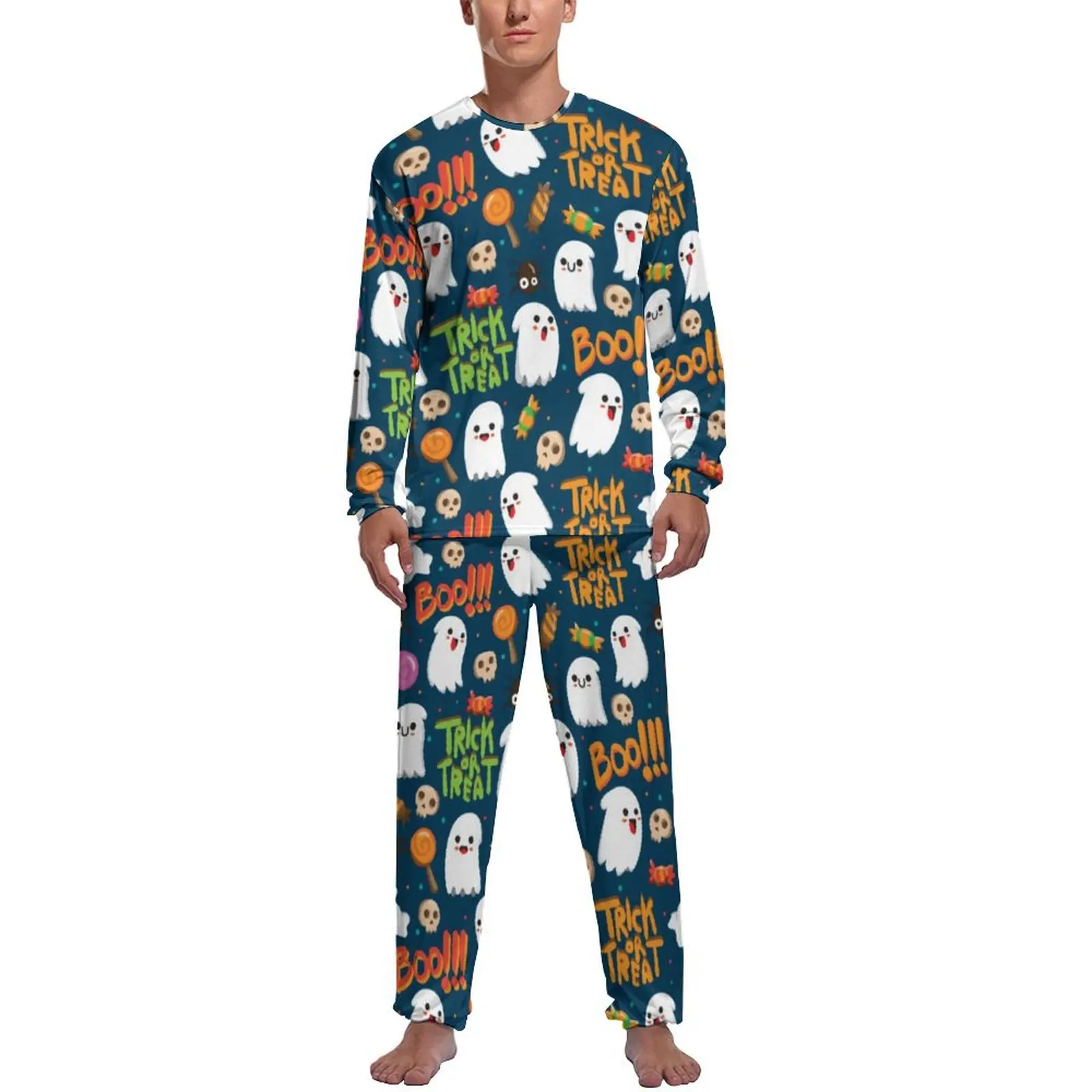 Cute Halloween Pajamas Long Sleeve Funny Ghosts Print 2 Piece Bedroom Pajama Sets Spring Mens Design Elegant Home Suit