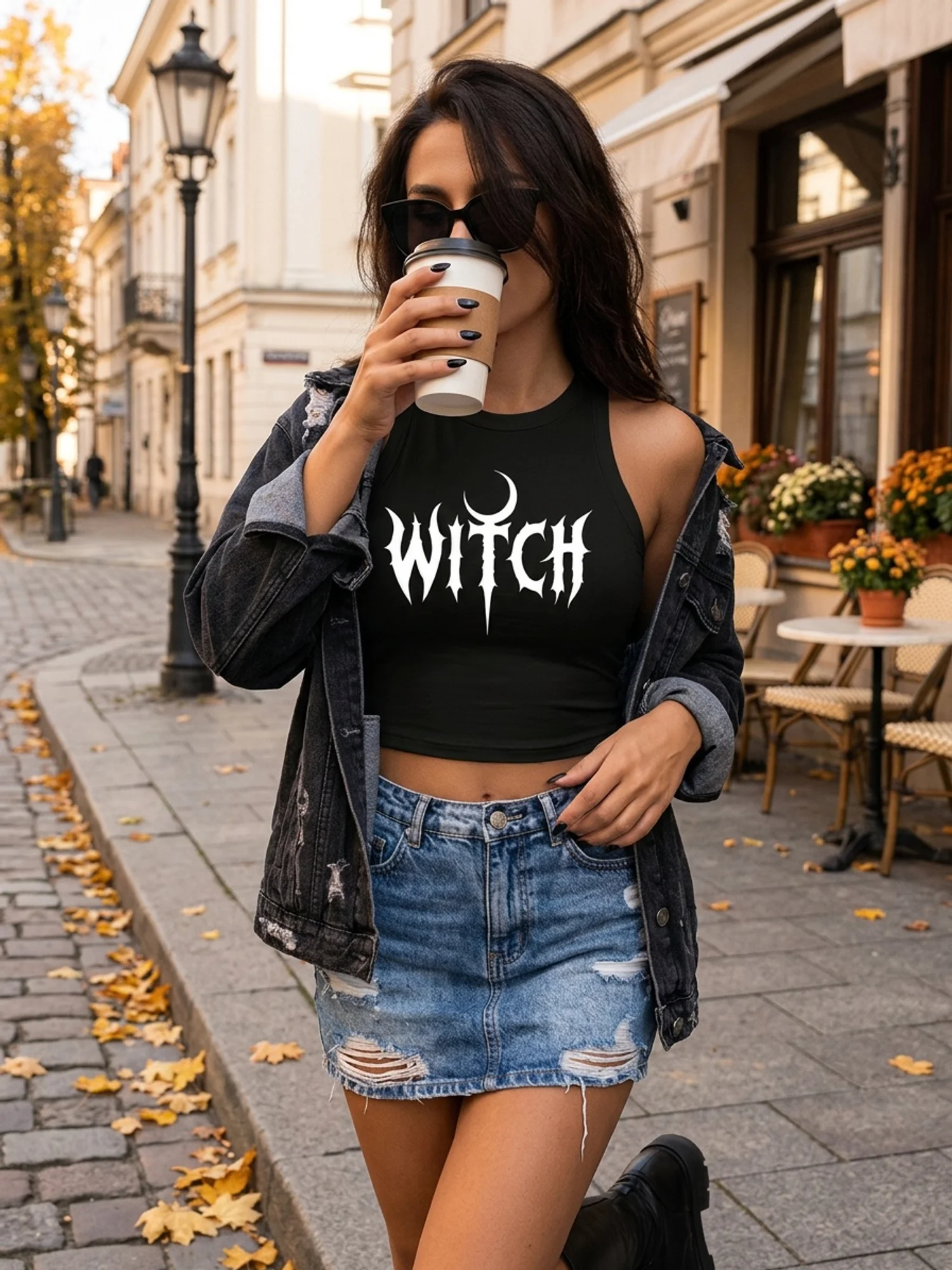 Women's Gothic Witchcraft Sleeveless Crop Tops Witch Moon Letter Print Round Neck Cropped T Shirt Sexy Outfit Clothes Female 90s