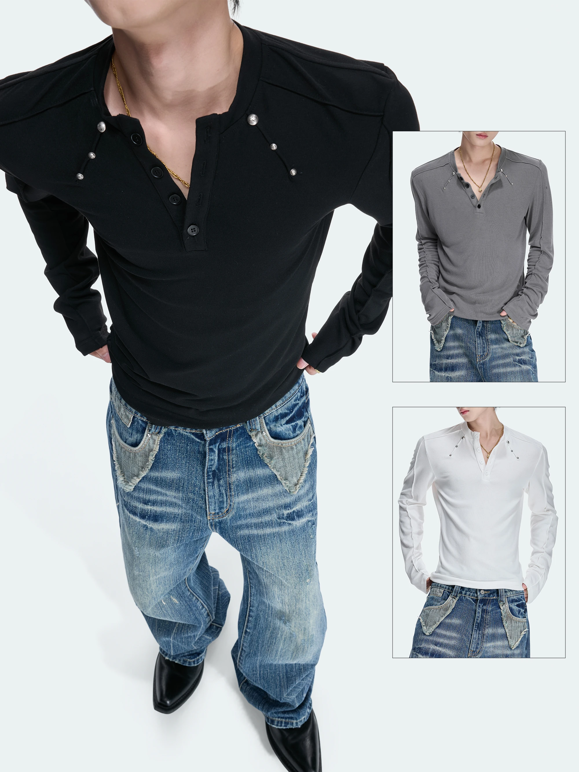 ArguE CulturE Slim Fit Long Sleeve Henry Collar High Elasticity Skin Friendly Pure Color T-Shirt Youth Fashion Casual Wear