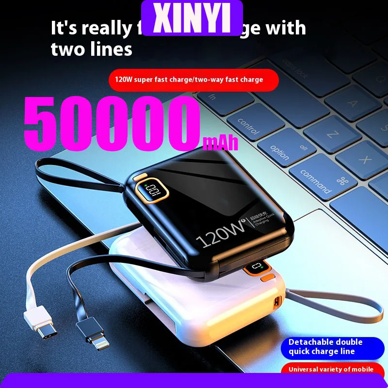 50000mAh New 120W Portable Mini Power Bank High Capacity Cable for iPhone Samsung Xiaomi Two-way Fast Charging Powerbank