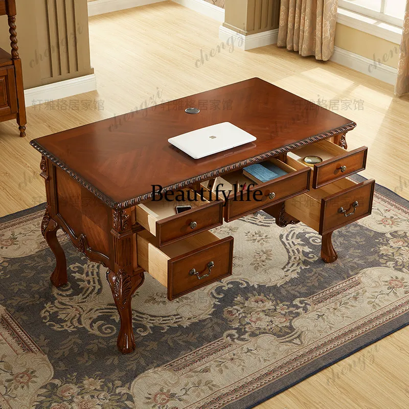 American solid wood antique office desk boss computer desk European writing calligraphy