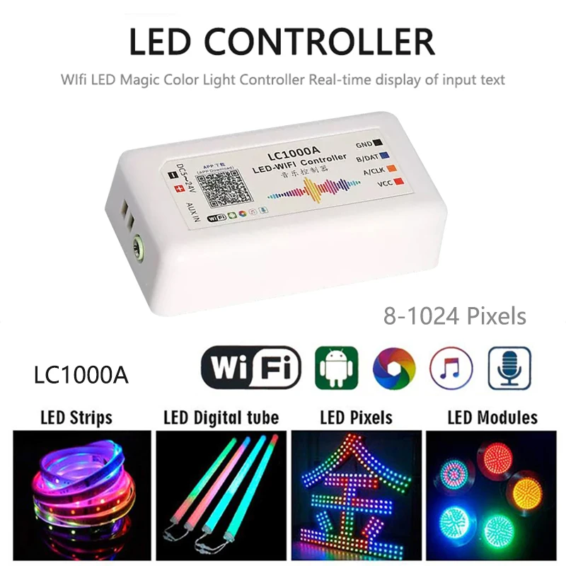 WiFi LC1000A Controller DC 5V 12V 24V 1024 Pixel Smart Music Spectrum SPI Dimmer per WS2811 WS2812B RGB LED Digital Pixel Strip