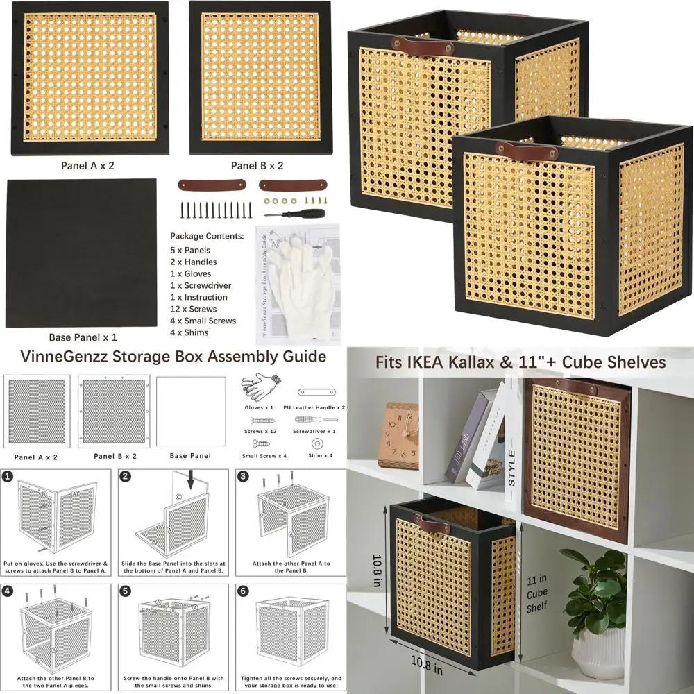 

Natural Wicker Storage Cubes with Wooden Baskets for Bohemian Decor, Clothes, Books, and Magazines (Black)