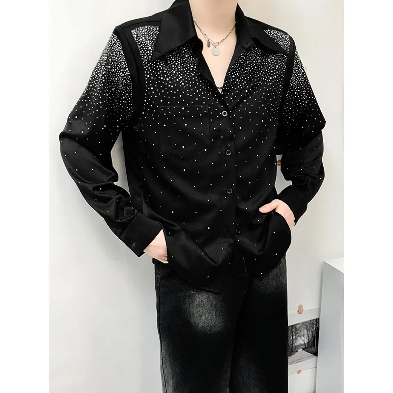 Men\'s Padded Shoulder Shirts Men\'s Handsome 2024 Spring Summer New Design Fashion Tops Loose High-End Starry Rhinestone Shirt