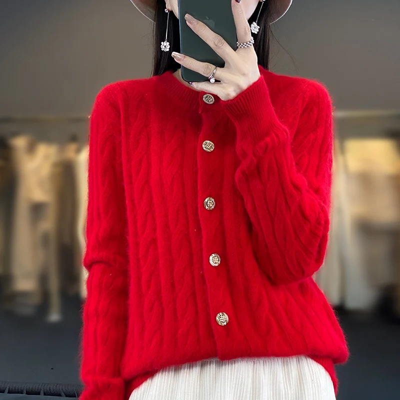 RONGYI 100% Mink Cashmere Knitted cardigan Solid Sweater 2023 Autumn Winter New Woman Clothing O Collar Thickened Overcoat Top